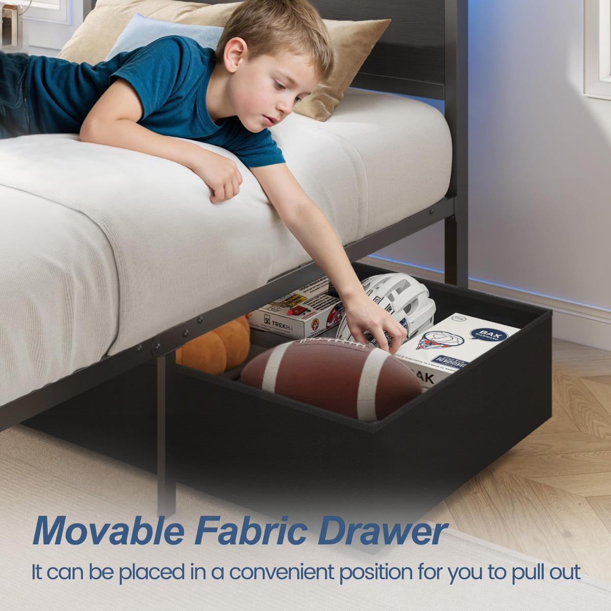 Twin Bed Frame with Storage Headboard & Drawer, Charging Station & LED Light, Black E5550