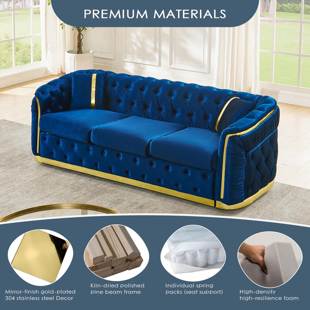 Navy Blue and Gold Velvet Sofa and Loveseat Set with 4 Pillows G315150