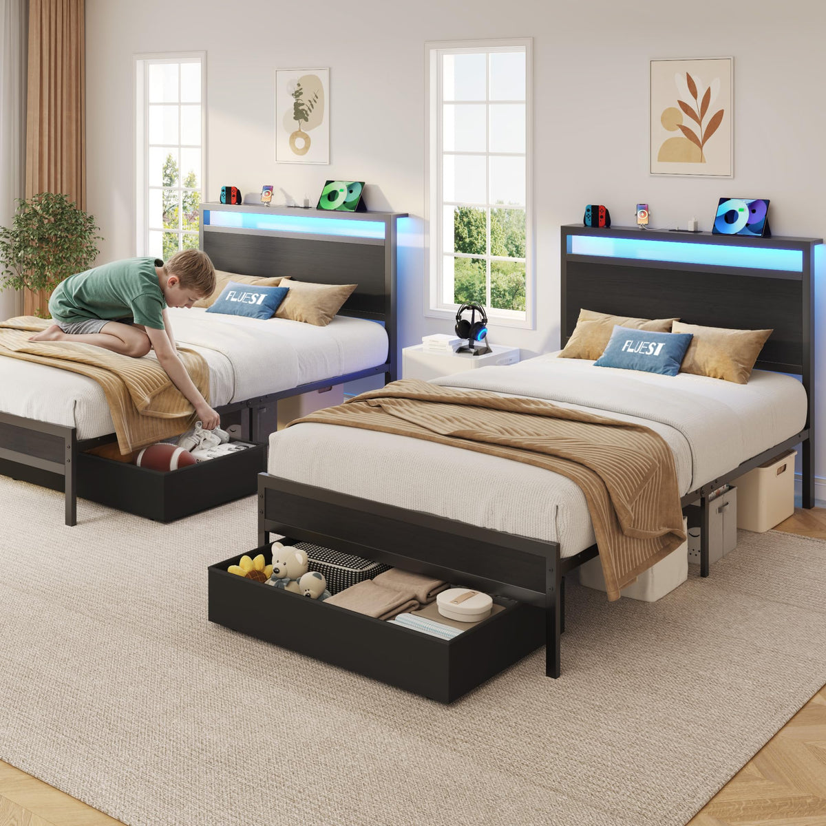 Twin Bed Frame with Storage Headboard & Drawer, Charging Station & LED Light, Black E5550