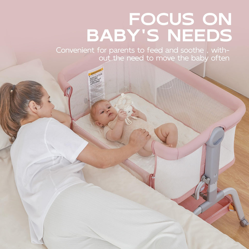 Baby Bassinet Bedside Crib with Mattress & Sheet, 4-Sided Mesh, Pink T58859