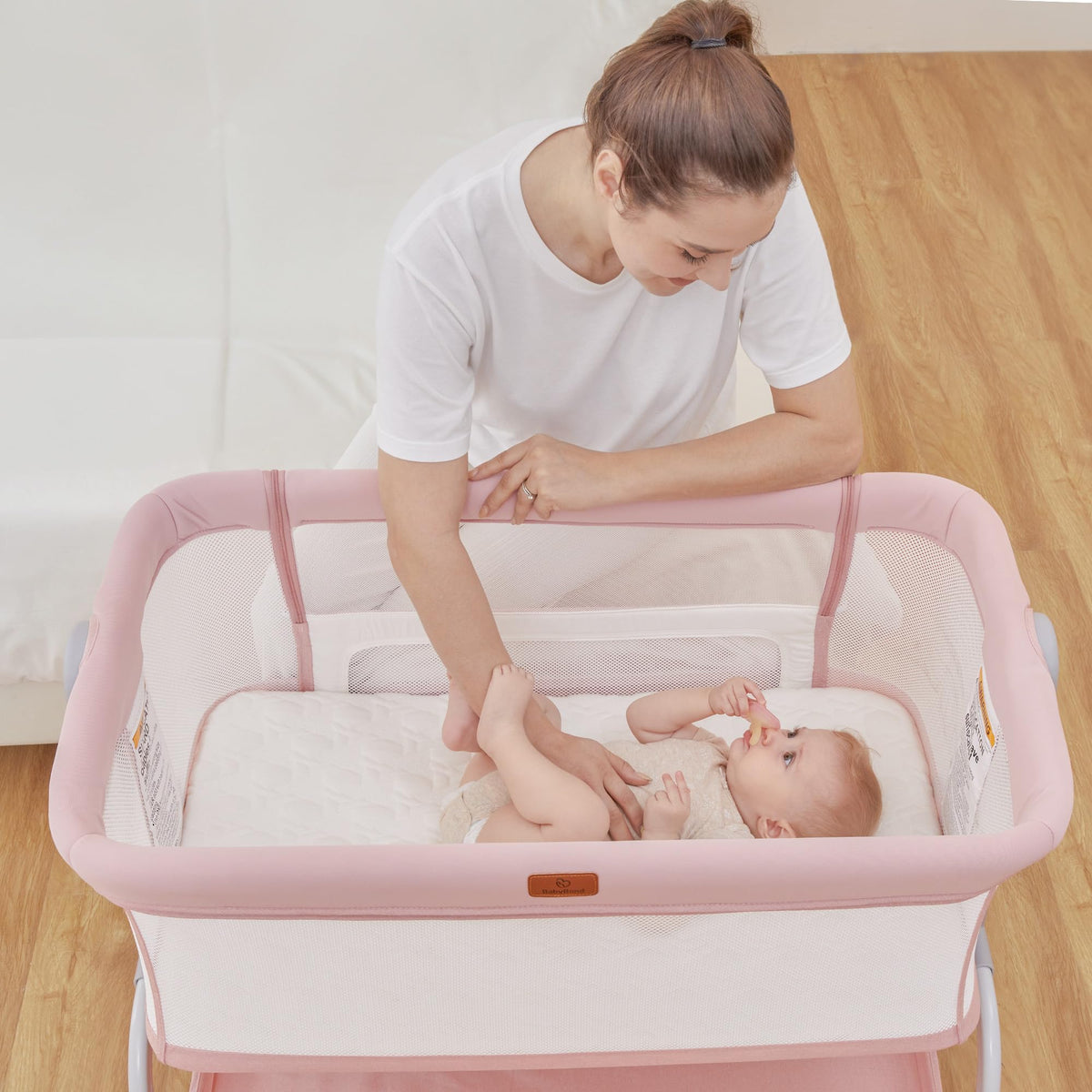 Baby Bassinet Bedside Crib with Mattress & Sheet, 4-Sided Mesh, Pink T58859