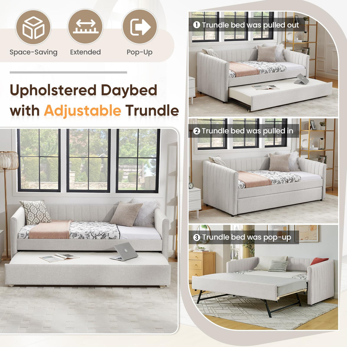 Beige Linen Twin Size Daybed with Pop Up Trundle R721077