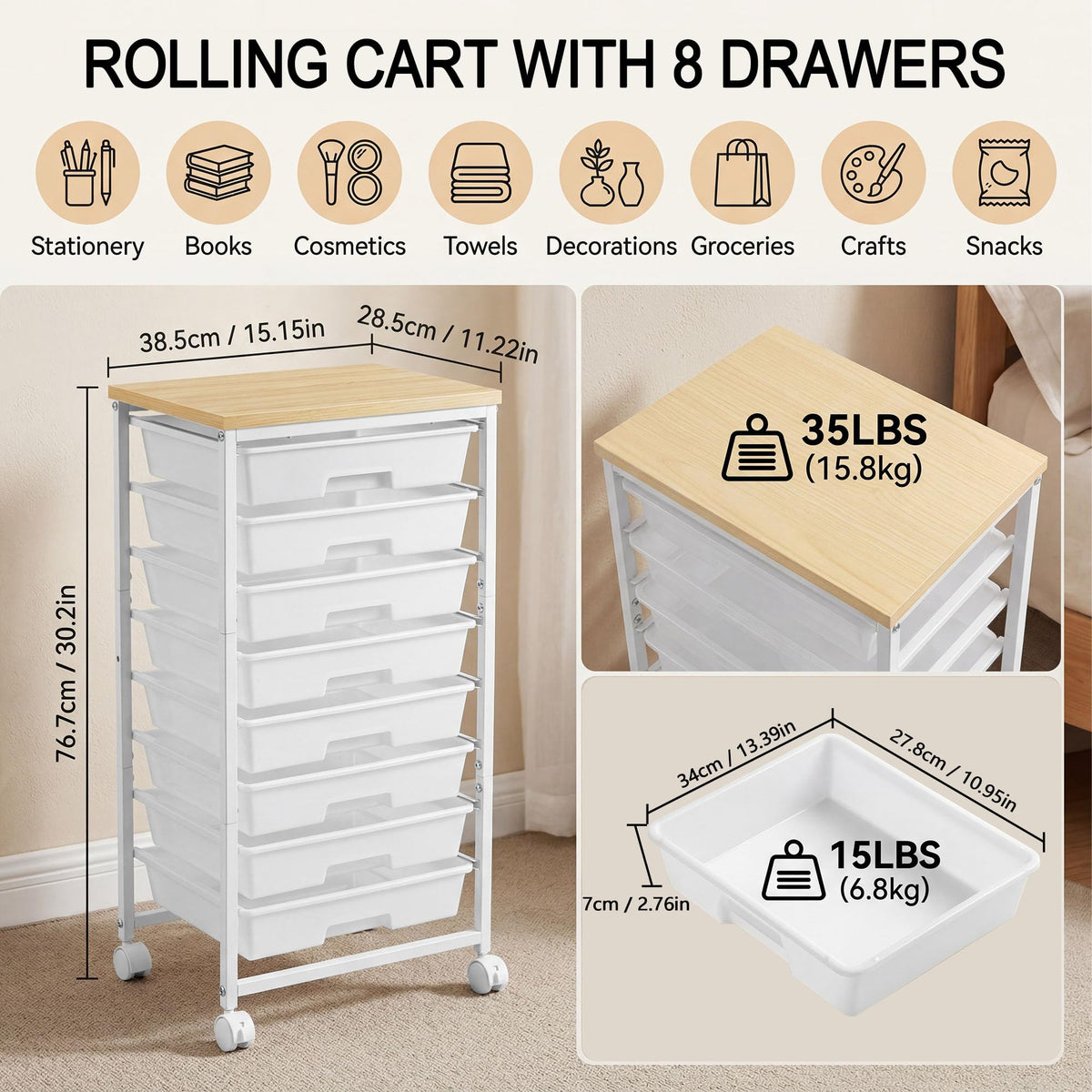 8 Drawer Rolling Storage Cart with Wooden Tabletop V863765
