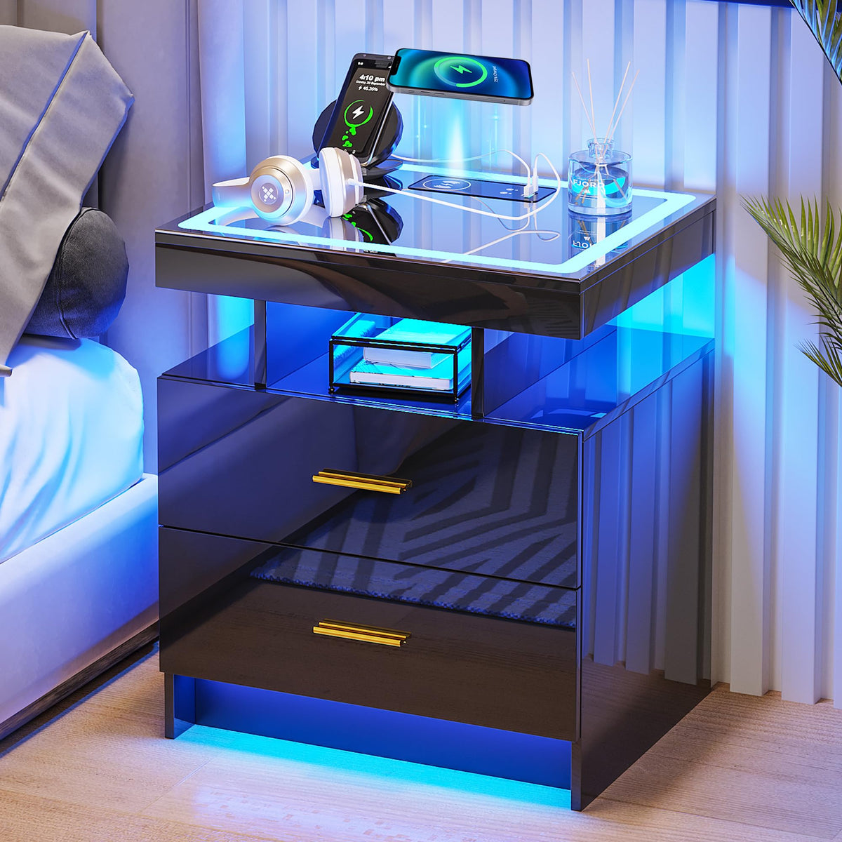 Black High Gloss Nightstand with Charging Station and 2 Drawers H37743