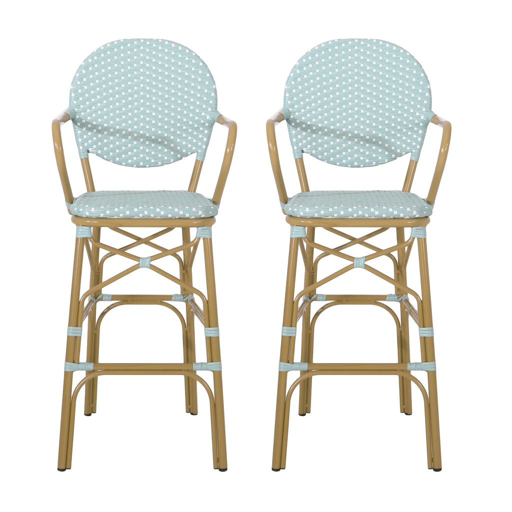 Teal Bamboo Print Wicker Aluminum Bar Stools Set of 2 C22033