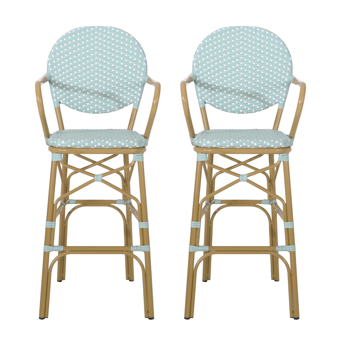 Teal Bamboo Print Wicker Aluminum Bar Stools Set of 2 C22033