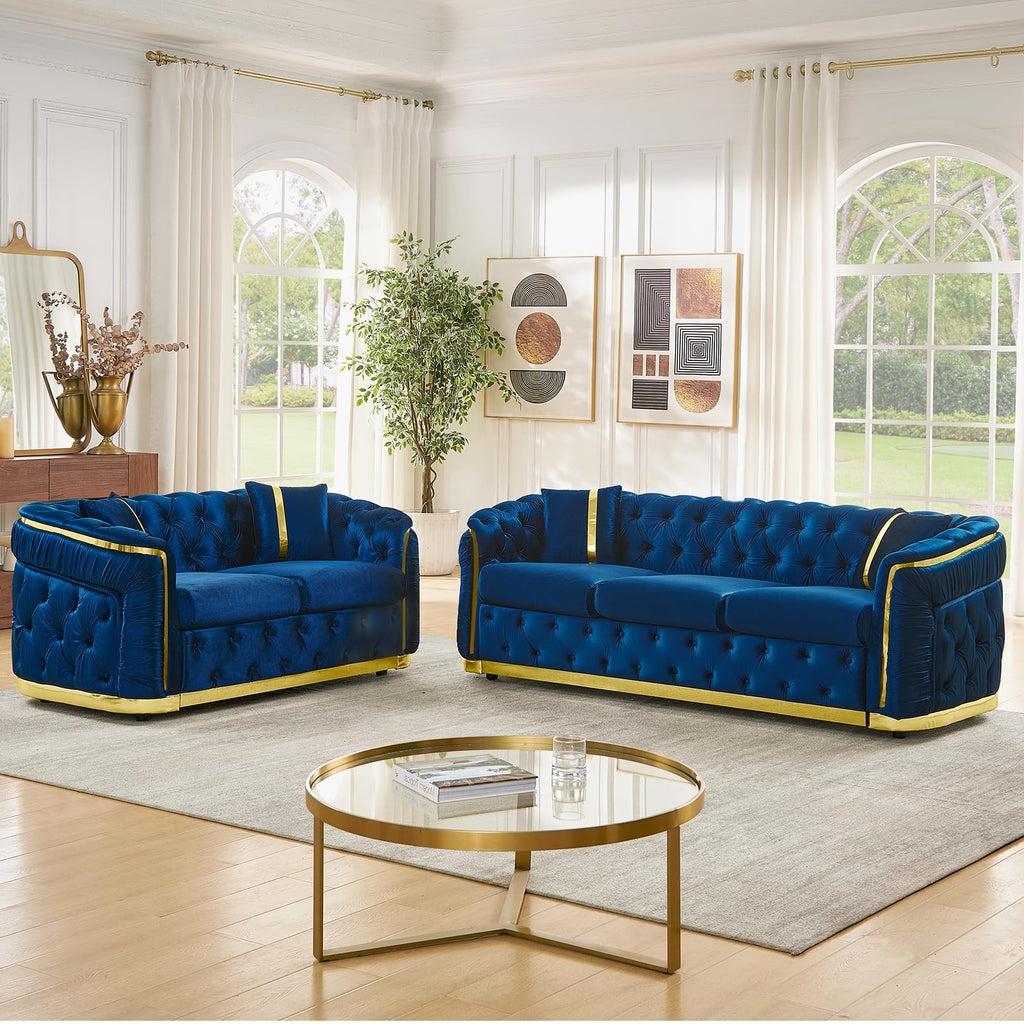 Navy Blue and Gold Velvet Sofa and Loveseat Set with 4 Pillows G315150