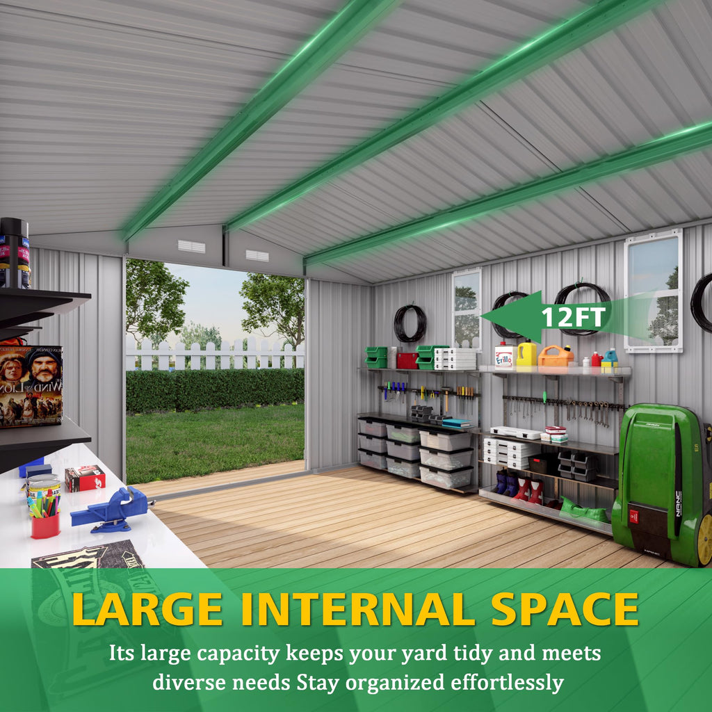 10x12 FT Grey Metal Storage Shed with Double Doors E841