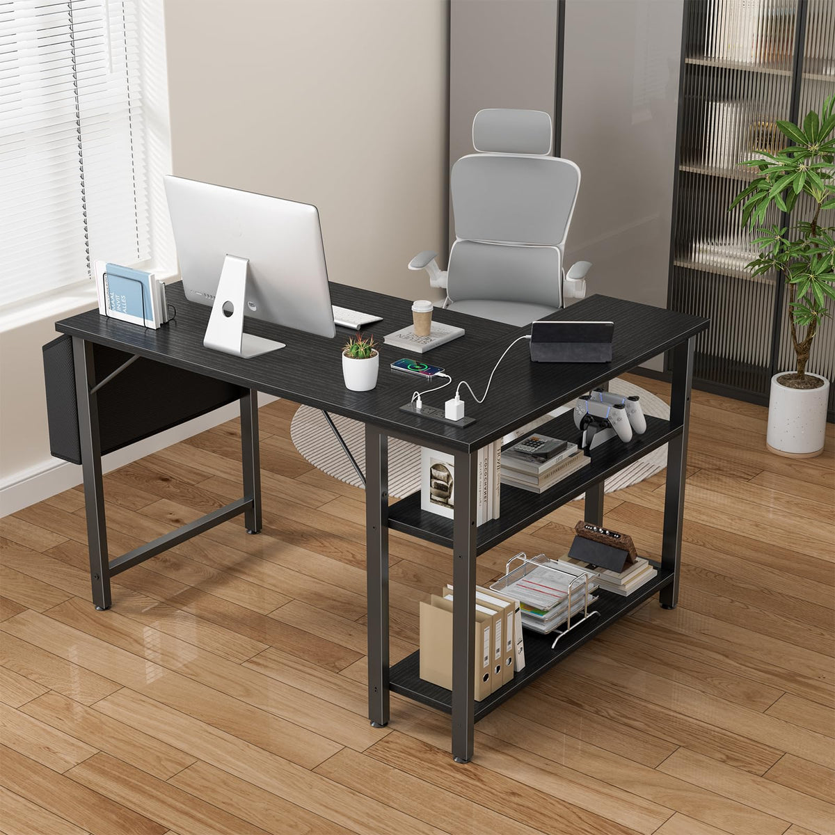 Black 40 Inch L Shaped Corner Computer Desk with Power Outlet Z79042