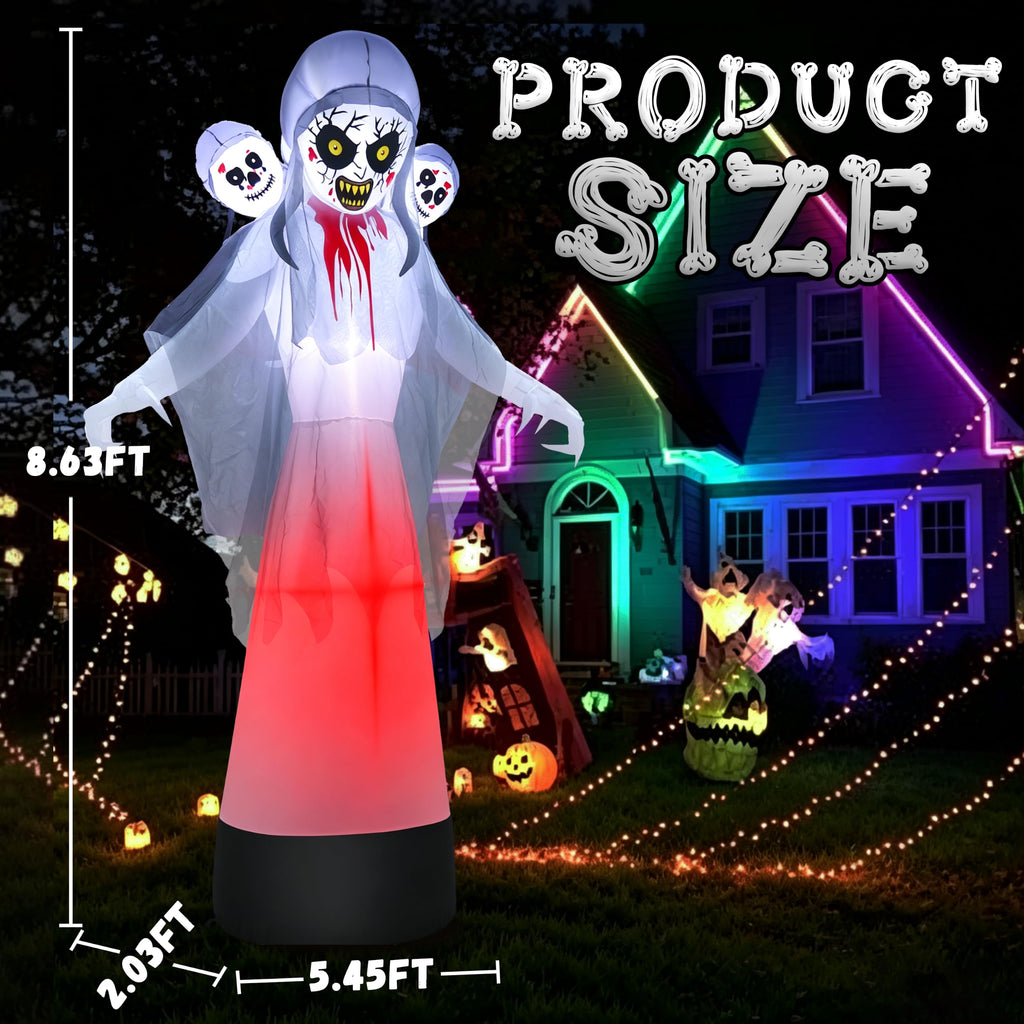 8.6FT Halloween Inflatable Grim Reaper Ghost with Skull Heads K15252