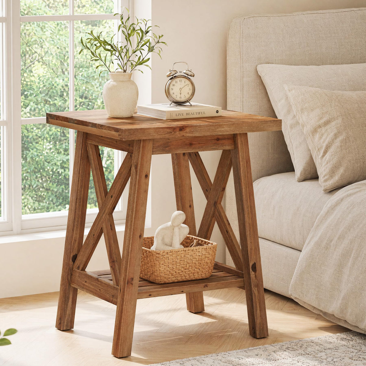 Solid Wood End Table Set of 2, Square Side Table with Storage, 2-Tier Nightstand, Brown S37264