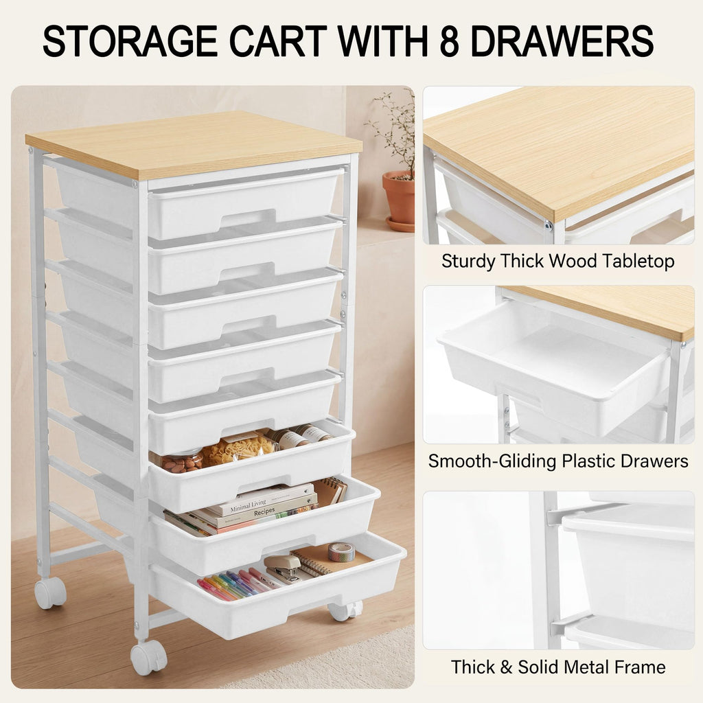 8 Drawer Rolling Storage Cart with Wooden Tabletop V863765