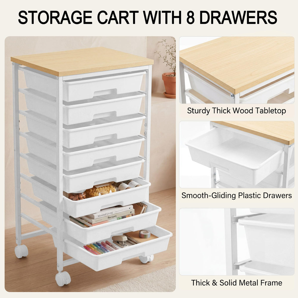 8 Drawer Rolling Storage Cart with Wooden Tabletop V863765