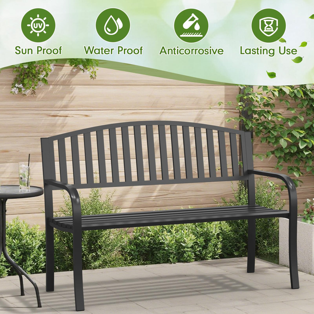 50" Iron Metal Outdoor Bench with Backrest and Armrests P130743