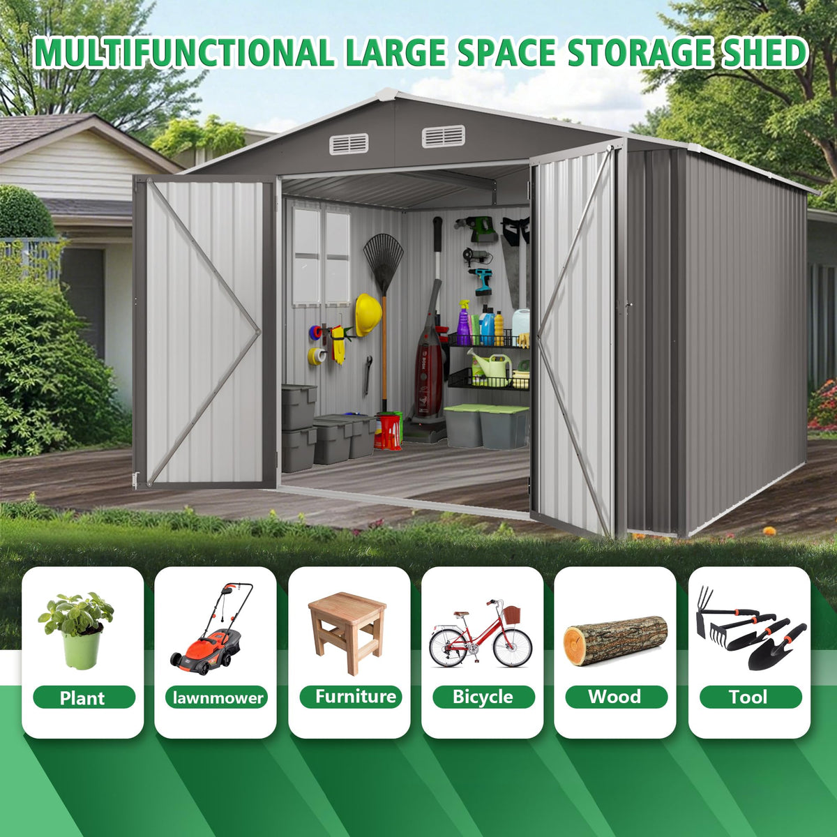 10x12 FT Grey Metal Storage Shed with Double Doors E841