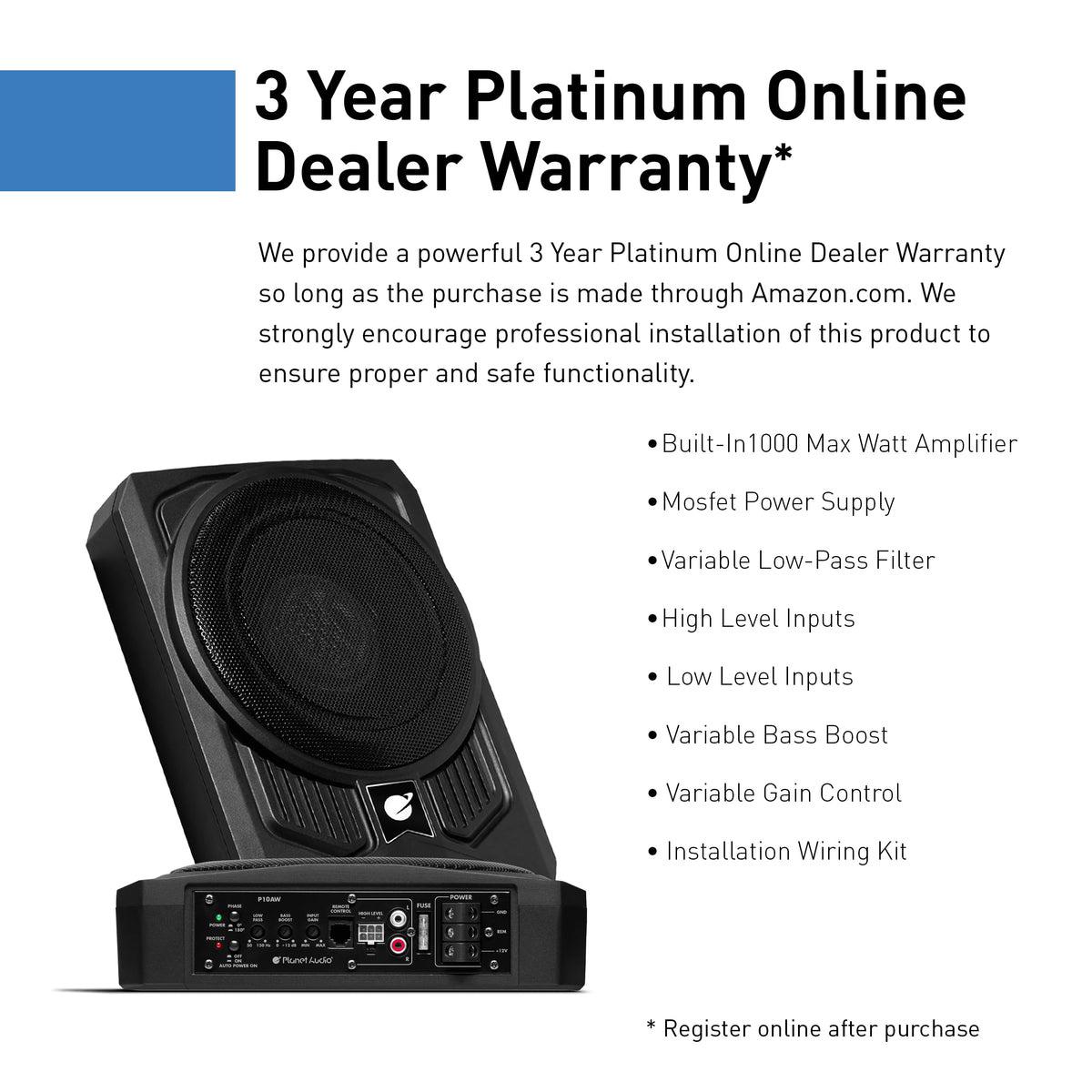 10 Inch 1000 Watt Powered Car Subwoofer and Wiring Kit P49899