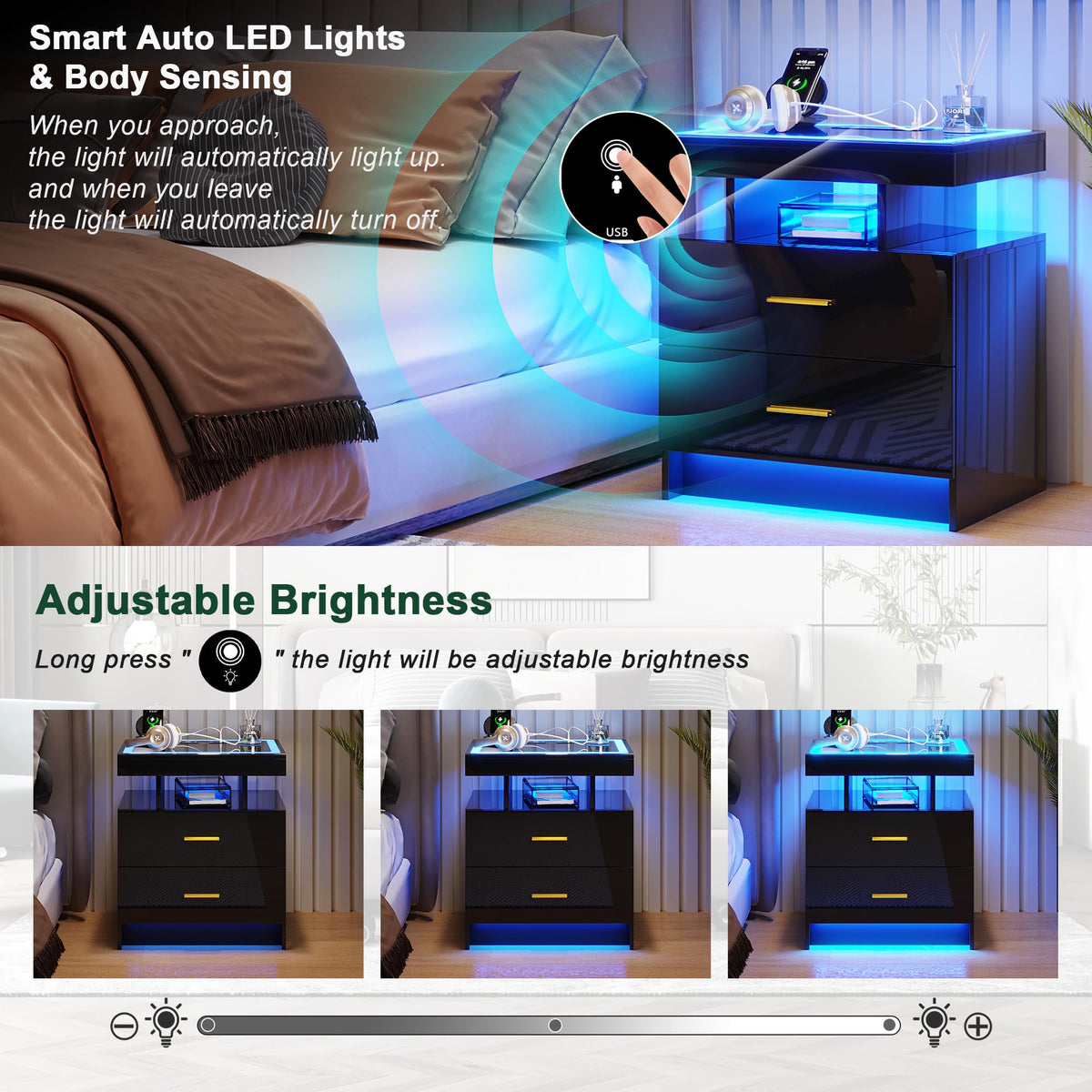 Black High Gloss Nightstand with Charging Station and 2 Drawers H37743