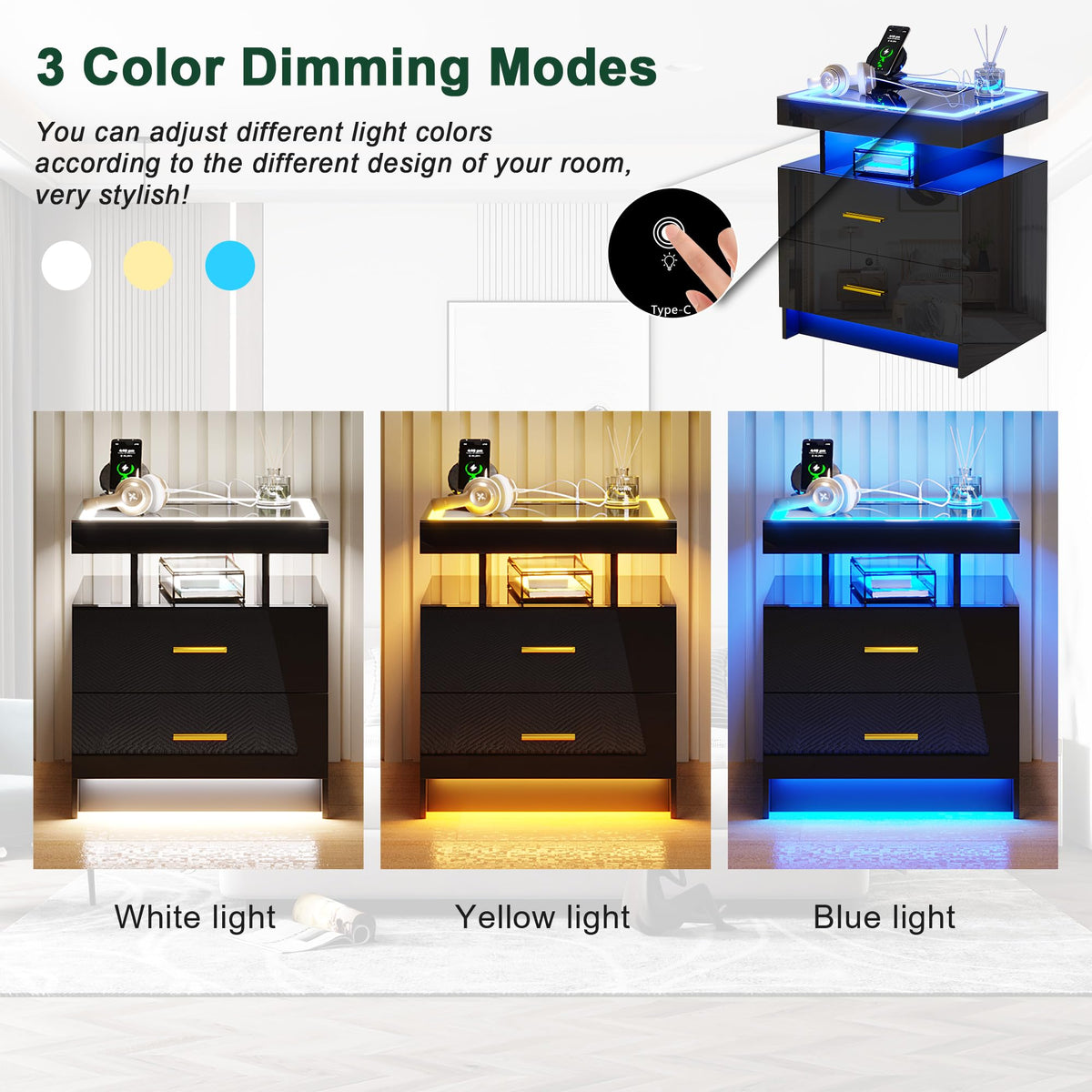 Black High Gloss Nightstand with Charging Station and 2 Drawers H37743