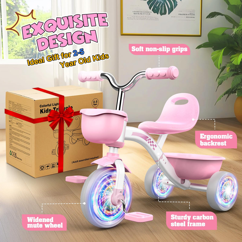 Pink Toddler Tricycle with Adjustable Seat and Light Wheels D39051