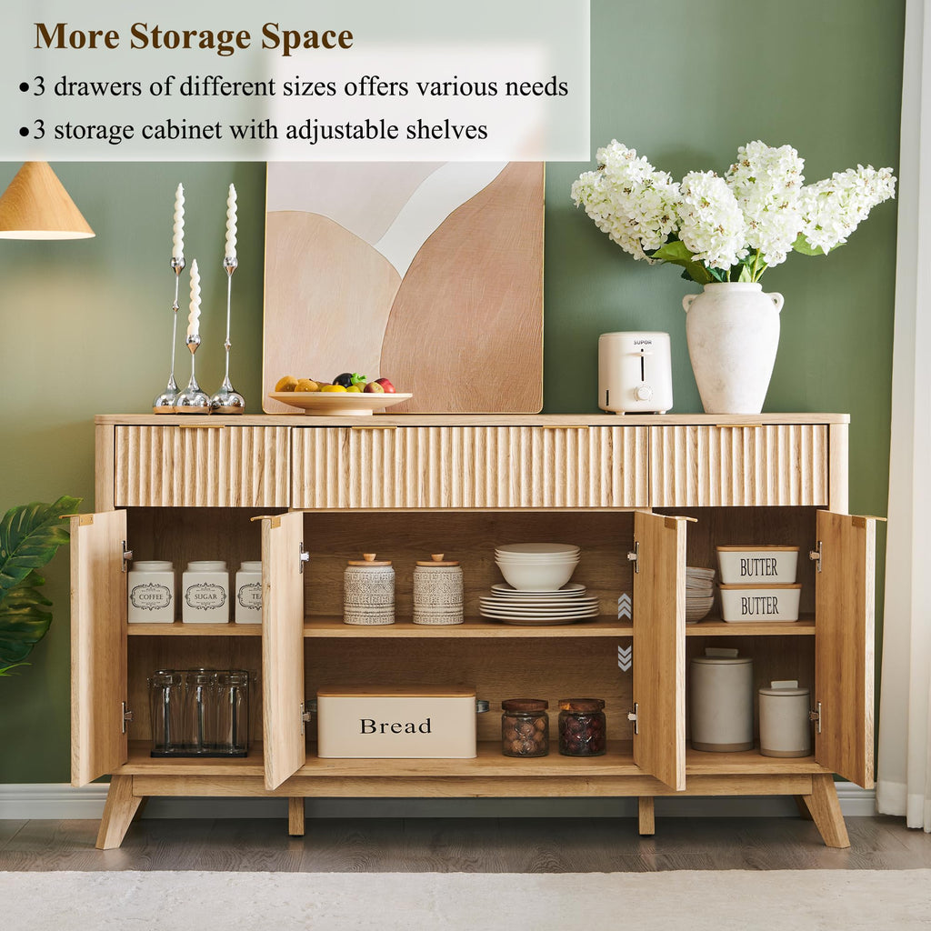 60" Natural Oak Storage Sideboard Cabinet with Drawers H312