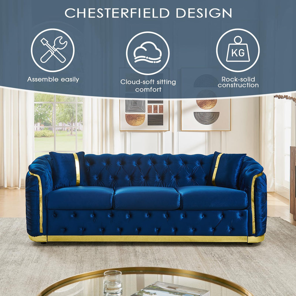 Navy Blue and Gold Velvet Sofa and Loveseat Set with 4 Pillows G315150