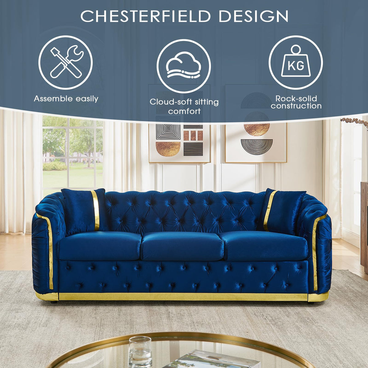 Navy Blue and Gold Velvet Sofa and Loveseat Set with 4 Pillows G315150