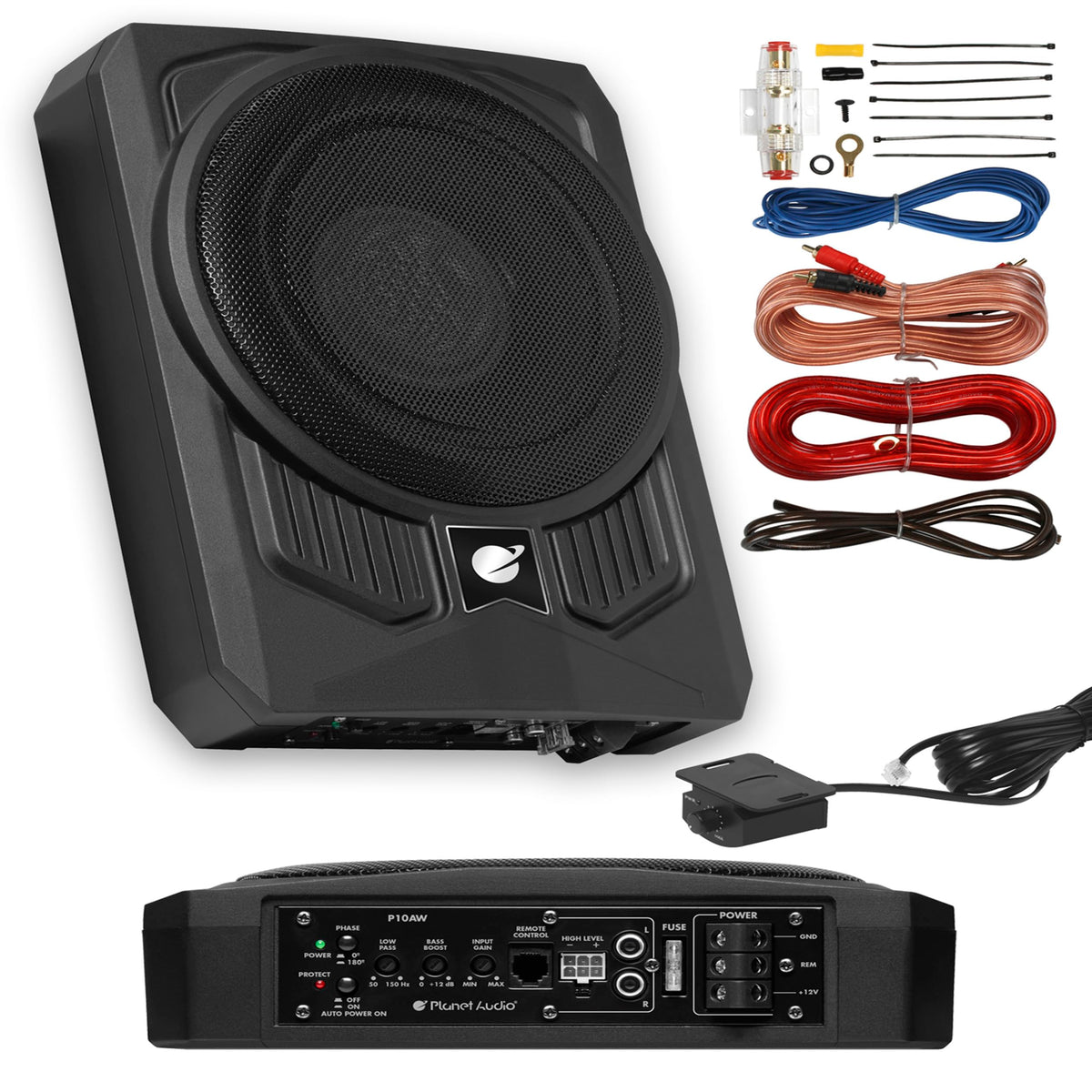 10 Inch 1000 Watt Powered Car Subwoofer and Wiring Kit P49899