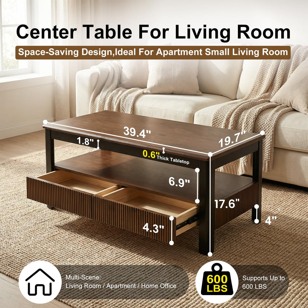 39.4" Walnut Solid Wood Fluted Coffee Table with 2 Drawers D49715