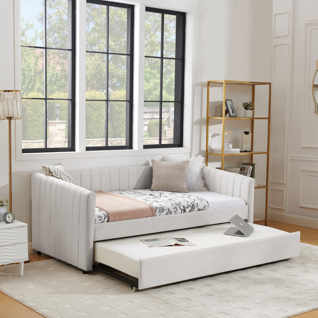 Beige Linen Twin Size Daybed with Pop Up Trundle R721077
