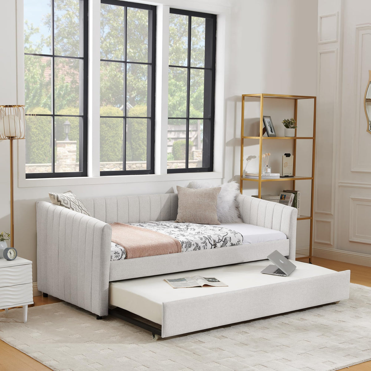Beige Linen Twin Size Daybed with Pop Up Trundle R721077
