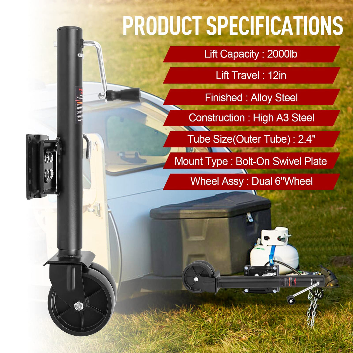 2000 lbs Dual Wheel Trailer Jack with 6" Caster Wheels I389