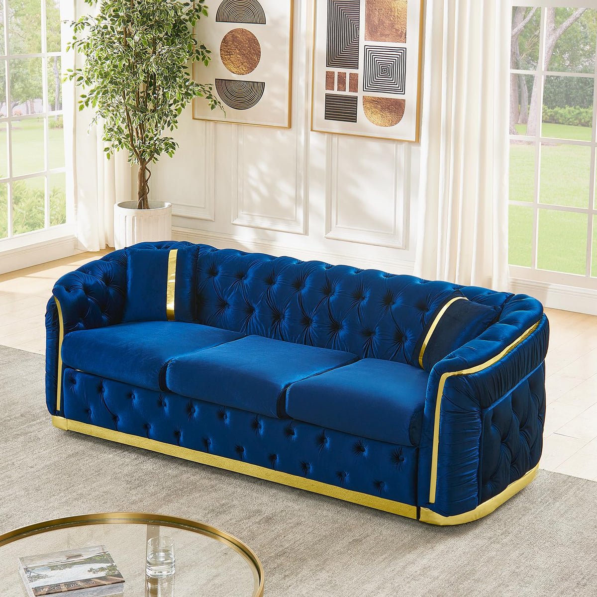 Navy Blue and Gold Velvet Sofa and Loveseat Set with 4 Pillows G315150