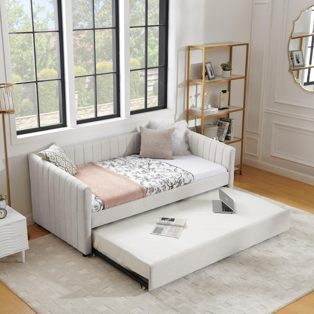 Beige Linen Twin Size Daybed with Pop Up Trundle R721077