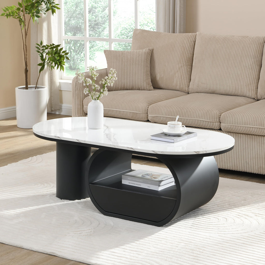 47'' Oval Coffee Table with Drawer, Marble-Grain MDF Top, Black Metal Base F39668