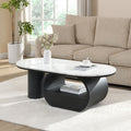 47'' Oval Coffee Table with Drawer, Marble-Grain MDF Top, Black Metal Base F39668