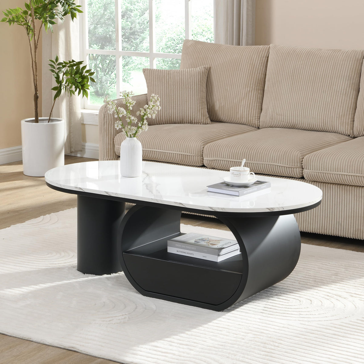 47'' Oval Coffee Table with Drawer, Marble-Grain MDF Top, Black Metal Base F39668