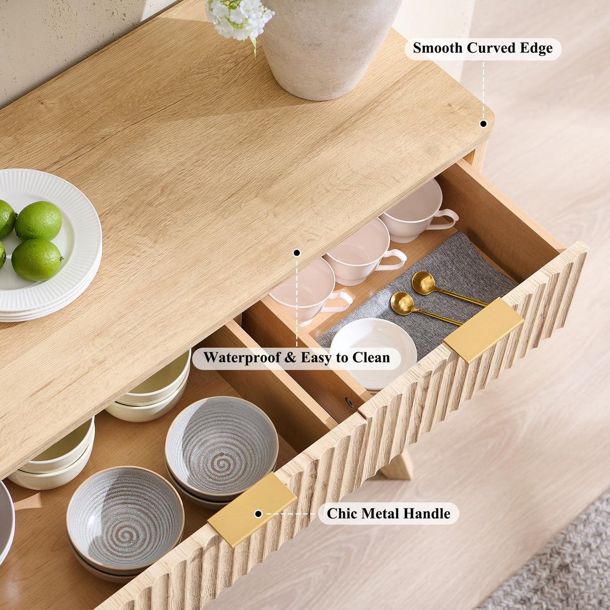 60" Natural Oak Storage Sideboard Cabinet with Drawers H312