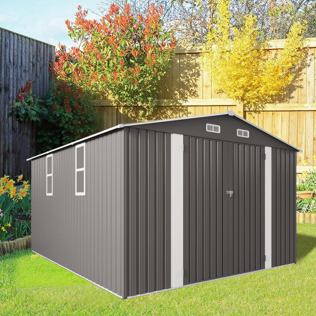 10x12 FT Grey Metal Storage Shed with Double Doors E841