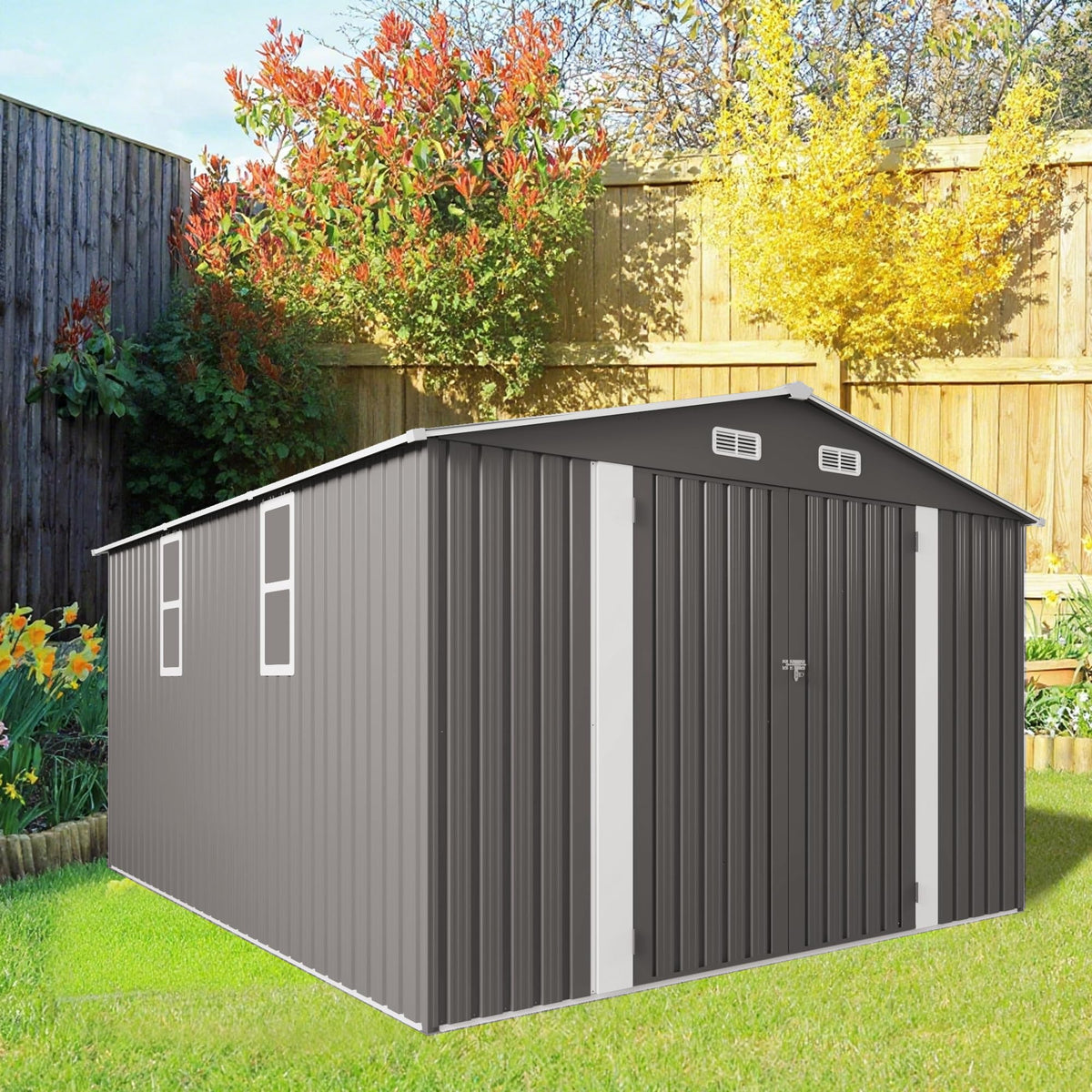 10x12 FT Grey Metal Storage Shed with Double Doors E841