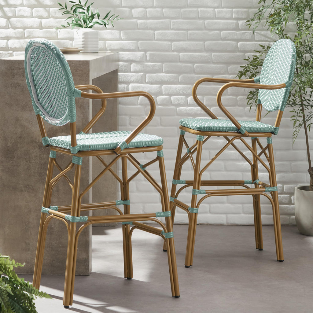 Teal Bamboo Print Wicker Aluminum Bar Stools Set of 2 C22033