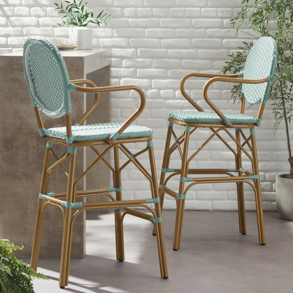 Teal Bamboo Print Wicker Aluminum Bar Stools Set of 2 C22033