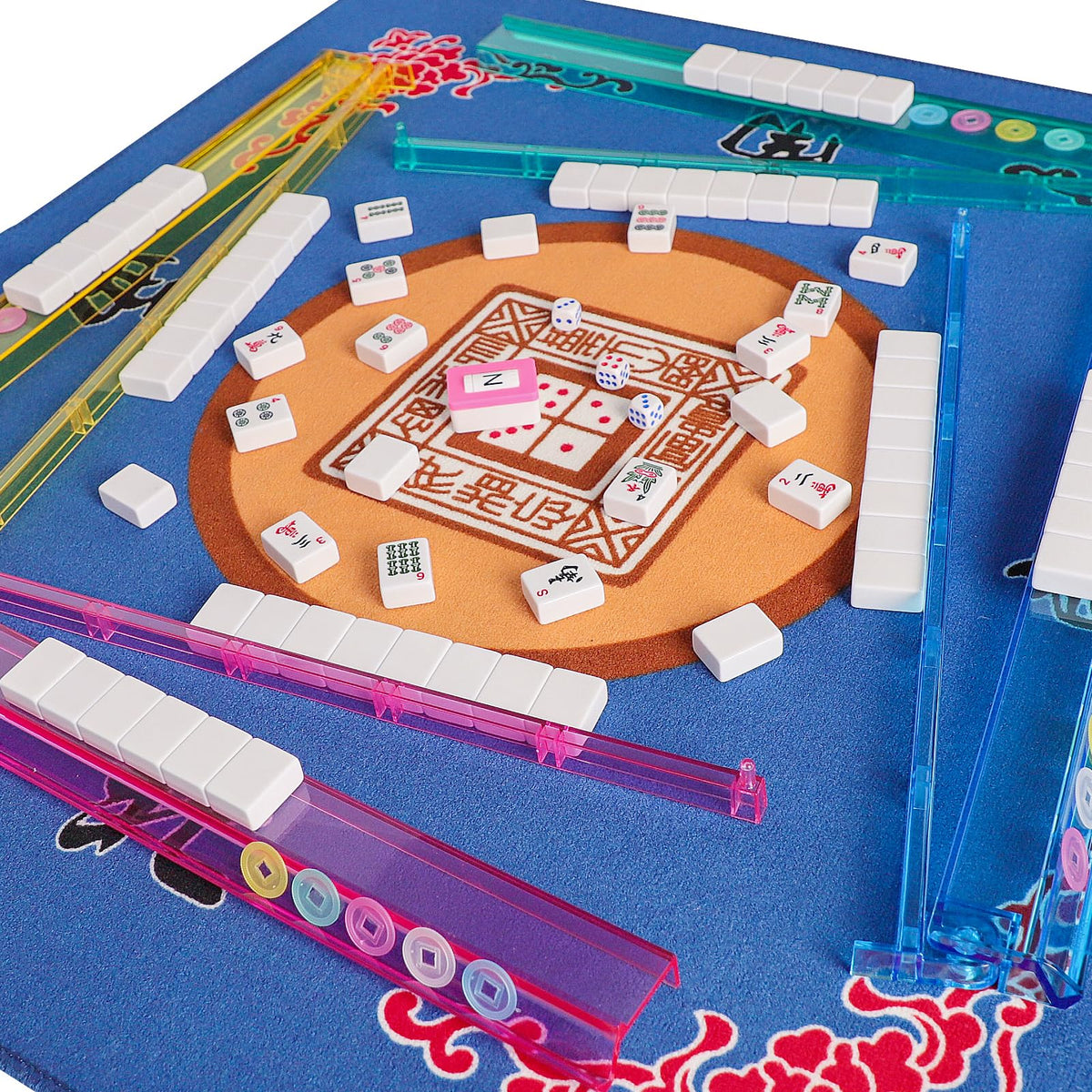 American Mahjong Game Set, 166 White Tiles, 4 Color Rack/Pushers, Blue Carrying Bag Z7704