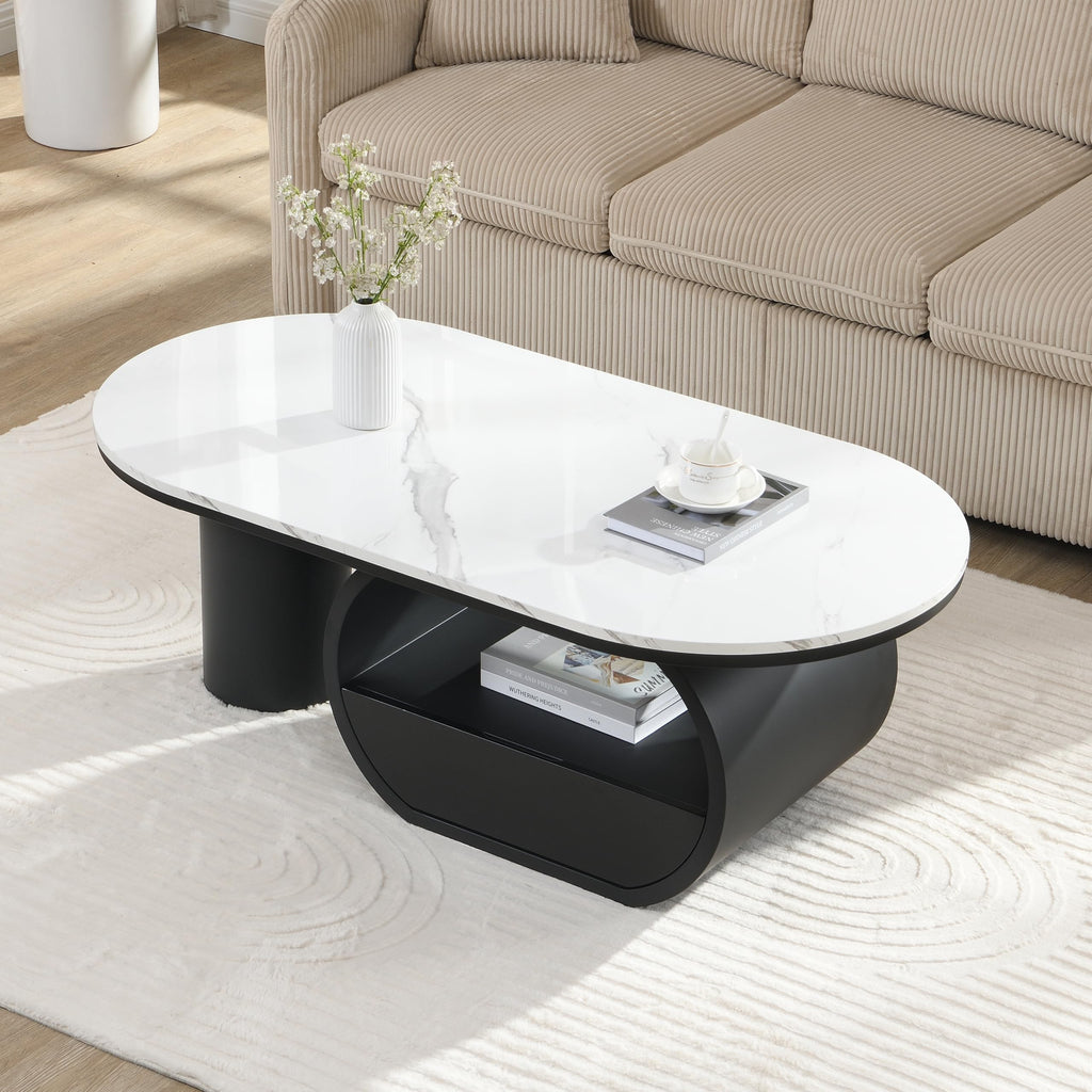 47'' Oval Coffee Table with Drawer, Marble-Grain MDF Top, Black Metal Base F39668