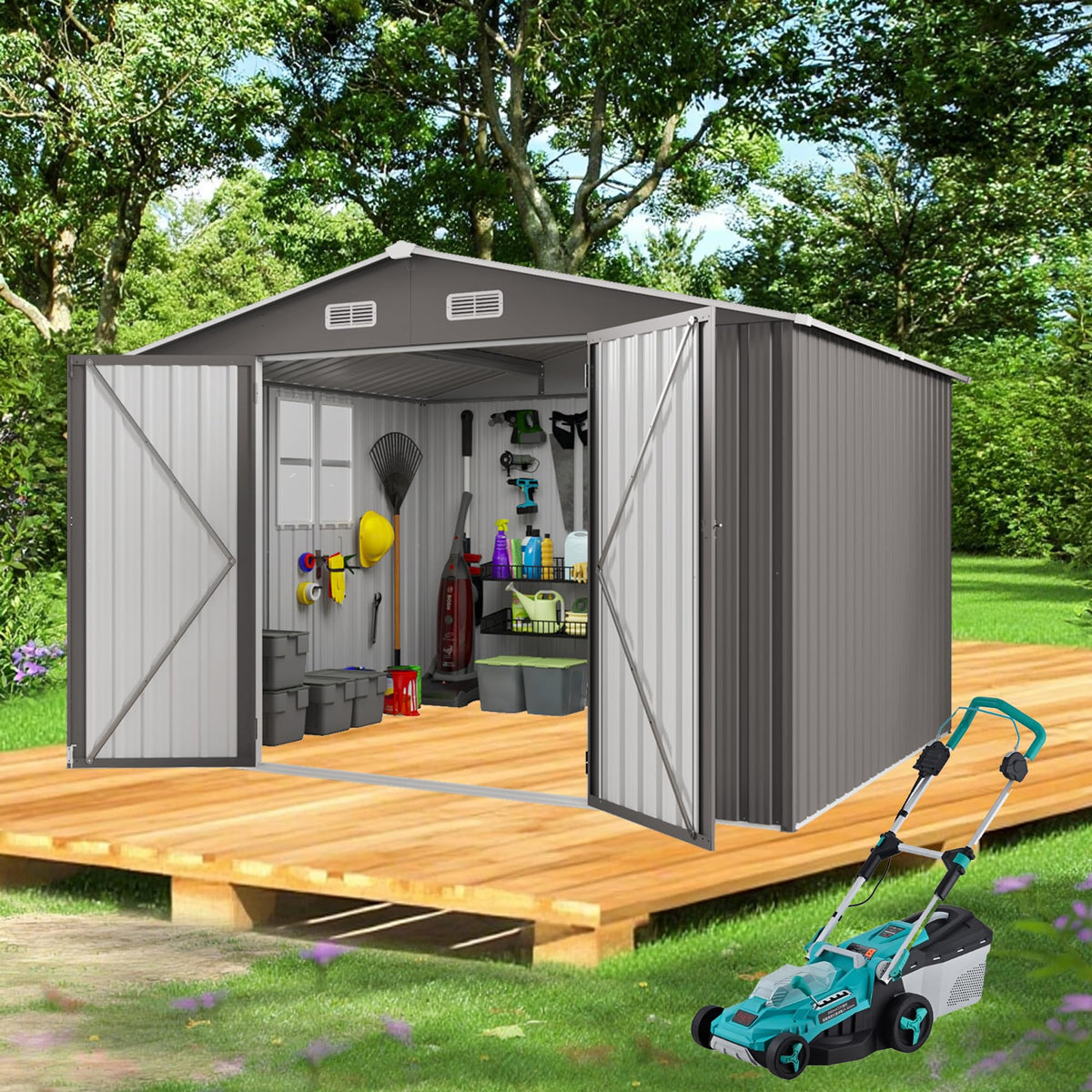 10x12 FT Grey Metal Storage Shed with Double Doors E841