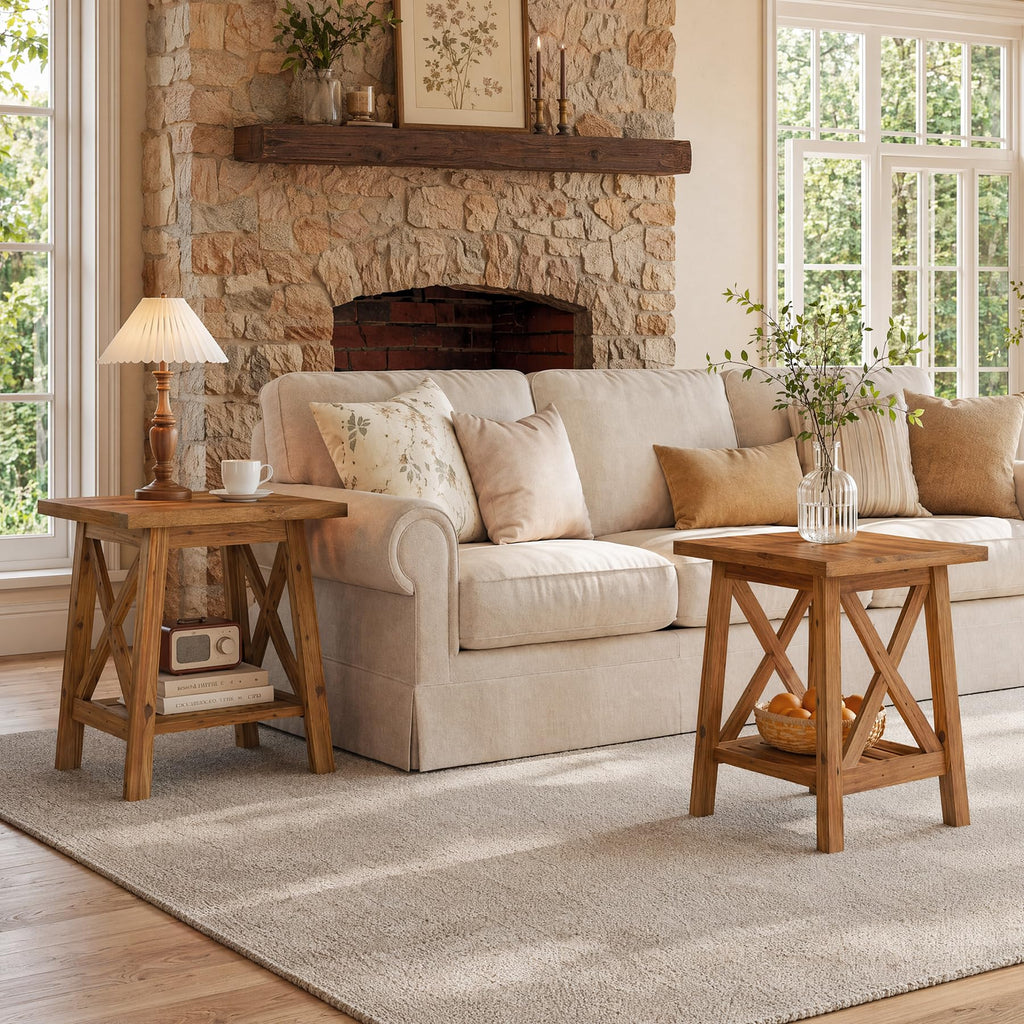 Solid Wood End Table Set of 2, Square Side Table with Storage, 2-Tier Nightstand, Brown S37264