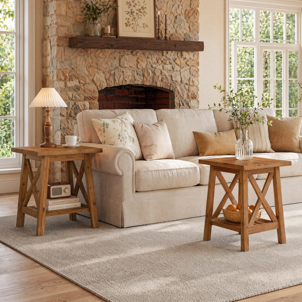 Solid Wood End Table Set of 2, Square Side Table with Storage, 2-Tier Nightstand, Brown S37264