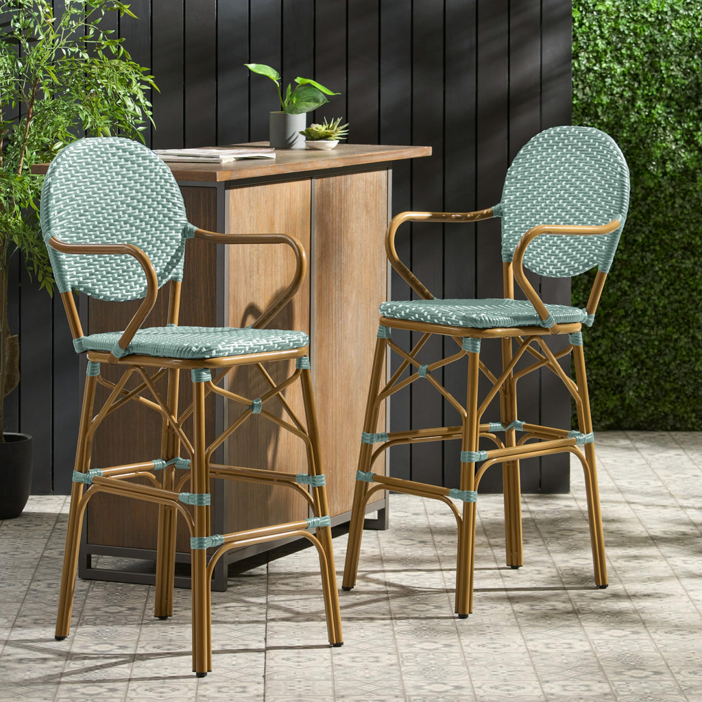 Teal Bamboo Print Wicker Aluminum Bar Stools Set of 2 C22033