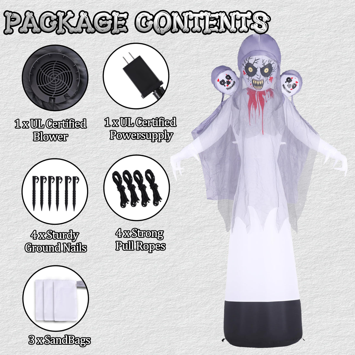 8.6FT Halloween Inflatable Grim Reaper Ghost with Skull Heads K15252