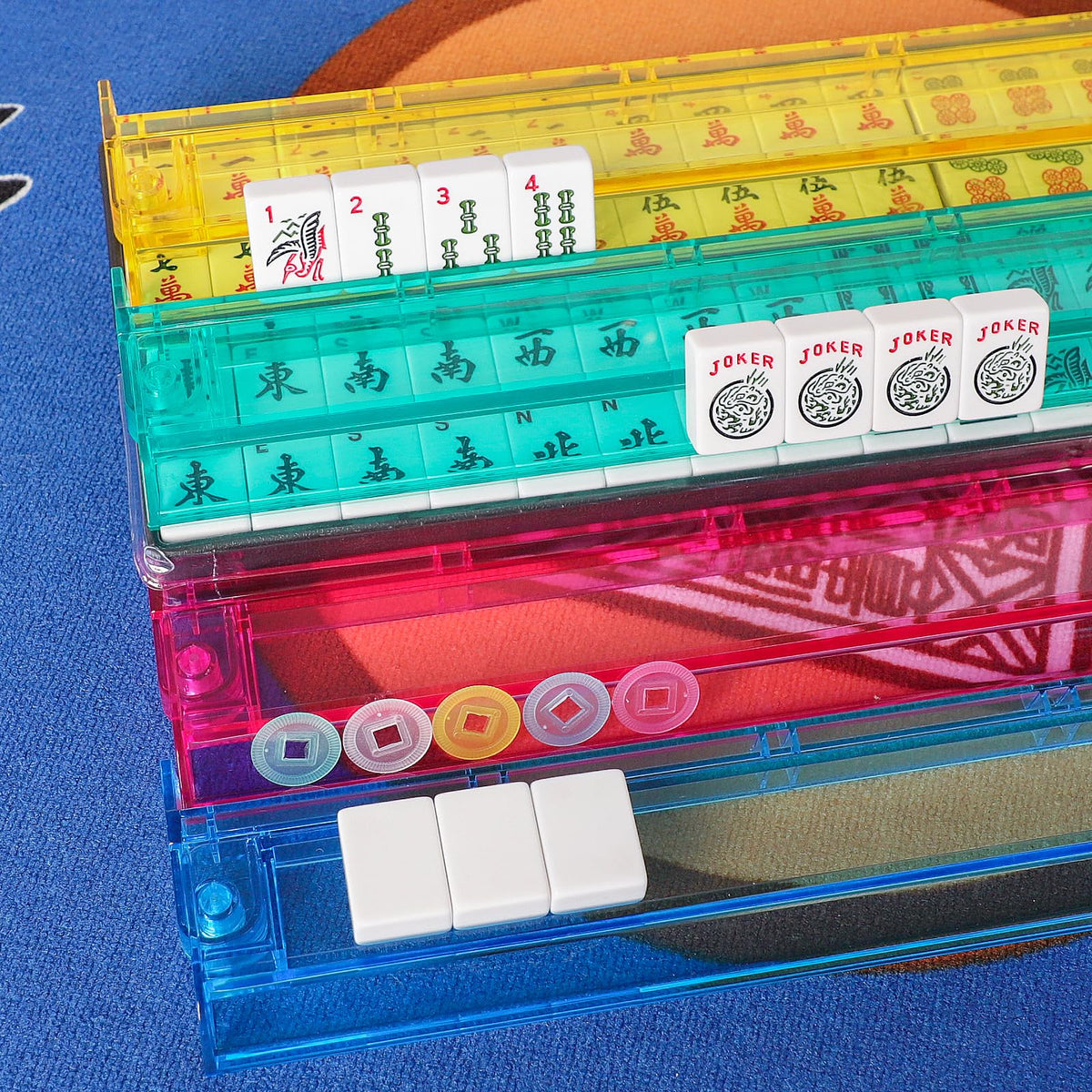 American Mahjong Game Set, 166 White Tiles, 4 Color Rack/Pushers, Blue Carrying Bag Z7704