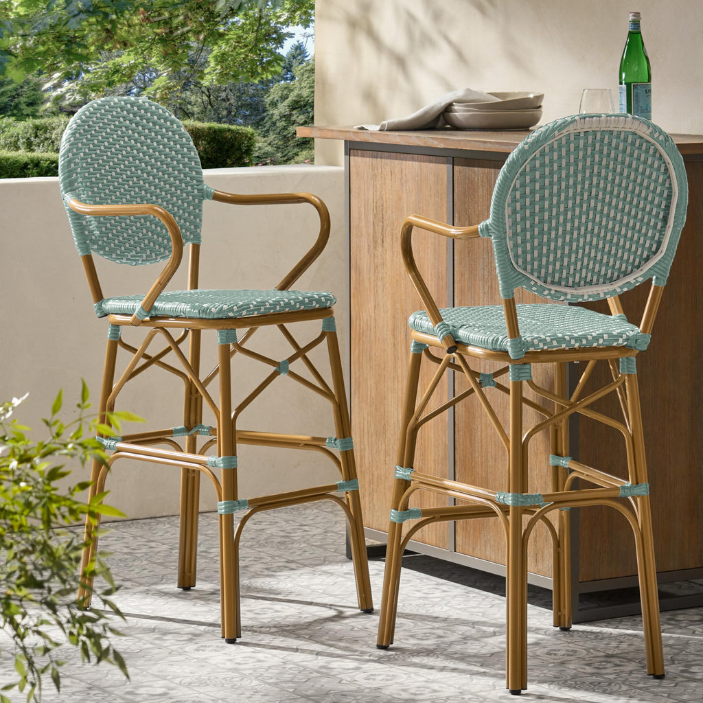 Teal Bamboo Print Wicker Aluminum Bar Stools Set of 2 C22033